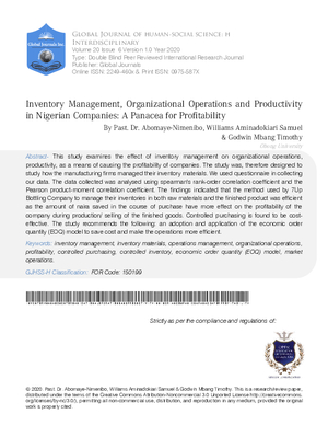 Inventory Management, Organizational Operations and Productivity in Nigerian Companies: A Panacea for Profitability