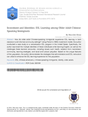 Investment and Identities: ESL Learning among Older Adult Chinese-Speaking Immigrants