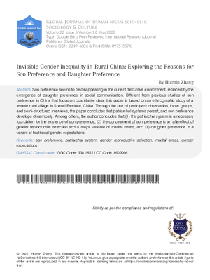 Invisible Gender Inequality in Rural China: Exploring the Reasons for Son Preference and Daughter  Preference