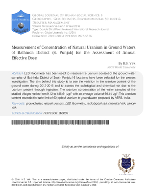 Measurement of Concentration of Natural Uranium in Ground Waters of Bathinda District (S. Punjab) for the Assessment of Annual Effective Dose