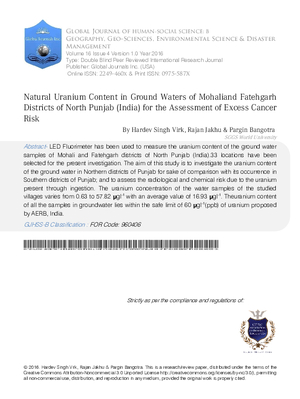 Natural Uranium Content in Ground Waters of Mohaliand Fatehgarh Districts of North Punjab (India) for the Assessment of Excess Cancer Risk