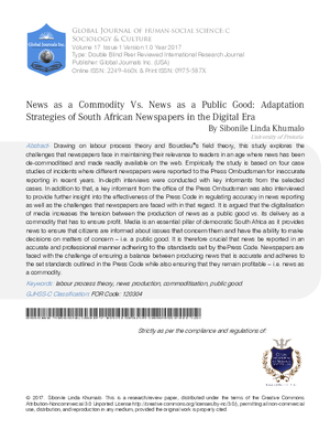 News as a Commodity vs. News as a Public Good: Adaptation Strategies of South African Newspapers in the Digital Era.