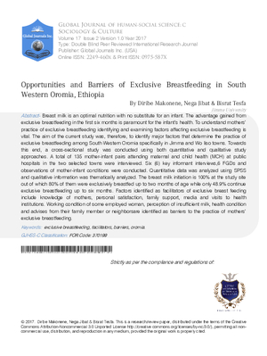 Opportunities and Barriers of Exclusive Breastfeeding in South Western Oromia, Ethiopia
