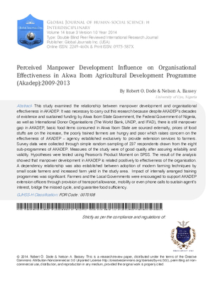 Perceived Manpower Development Influence on Organisational Effectiveness in Akwa Ibom Agricultural Development Programme (Akadep):2009-2013