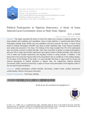 Political Participation in Nigerian Democracy: A Study of Some Selected Local Government Areas in Ondo State, Nigeria.