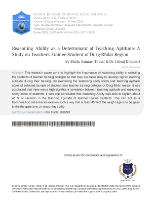 Reasoning Ability as a Determinant of Teaching Aptitude: A study on Teachers Trainee Student of Durg-Bhilai Region