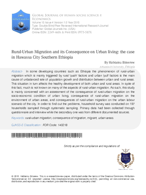 Rural-Urban Migration and its Consequence on Urban Living: The Case in Hawassa City Southern Ethiopia