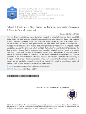 School Climate as a Key Factor to Improve Academic Outcomes: A Task for School Leadership