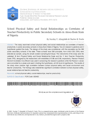 School Physical Safety and Social Relationships as Correlates of Teacher Productivity in Public Secondary Schools in Akwa-Ibom State of Nigeria