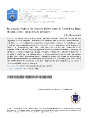 Sustainable Tourism for Regional Development in North East States of India:  Trends, Problems and Prospects