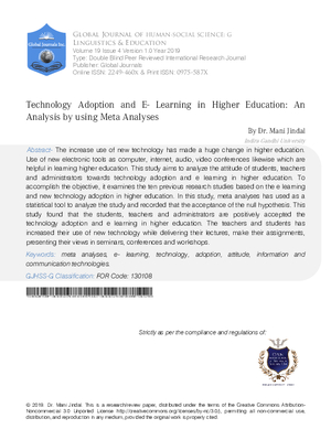 Technology Adoption and E-Learning in Higher Education: An Analysis by using Meta Analyses