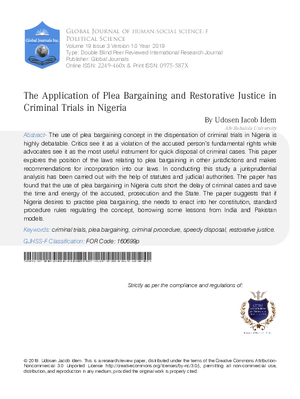 The Application of Plea Bargaining and Restorative Justice in Criminal Trials in Nigeria.