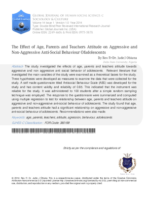 The Effect of Age, Parents and Teachers Attitude on Aggressive and Non-Aggressive Anti-Social Behaviour Of Adolescents