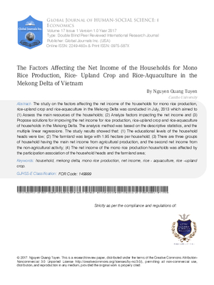 The Factors Affecting the Net Income of the Households for Mono Rice Production, Rice-Upland Crop and Rice-Aquaculture in the Mekong Delta of Vietnam