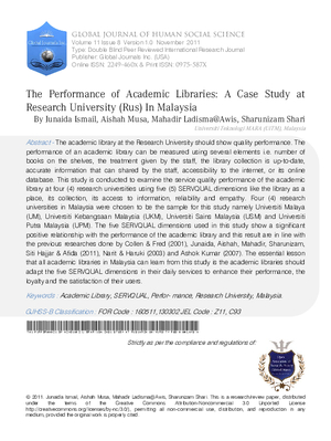 The Performance of Academic Libraries: A Case Study at Research University (Rus) In Malaysia