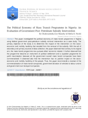 The Political Economy of Mass Transit Programme in Nigeria: An Evaluation of Government Post- Petroleum Subsidy Intervention