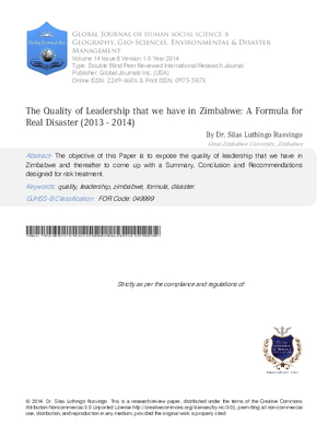 The Quality of Leadership that we have in Zimbabwe: A Formula for Real Disaster (2013 - 2014)