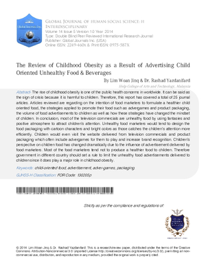 The Review of Childhood Obesity as a Result of Advertising Child Oriented Unhealthy Food 