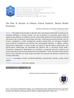 The Role of Teacher in Primary School Students, Mental Health Promotion