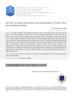 The Story of Jammu and Kashmir and Interpretation of Article 370 of the Constitution of India