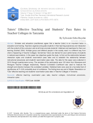 Tutors Effective Teaching and Students Pass Rates in Teacher Colleges in Tanzania