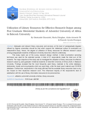 Utilization of Library Resources for Effective Research Output among Post Graduate Ministerial Students of Adventist University of Africa in Babcock University