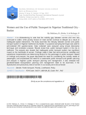 Women and the Use of Public Transport in Nigerian Traditional City- Ibadan