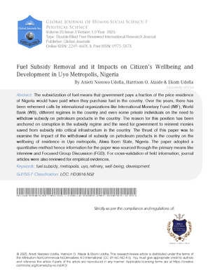 Fuel Subsidy Removal and its Impacts on Citizen’s Wellbeing and Development in Uyo Metropolis, Nigeria