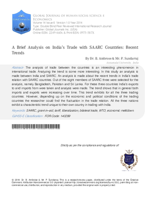 A Brief Analysis on Indiaas Trade with SAARC Countries: Recent Trends
