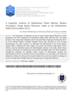 A Linguistic Analysis of Zimbabwean Prime Minister Morgan Tsvangiraias Image Repair Discourse: Letter to the Zimbabwean Public (30 November 2011)