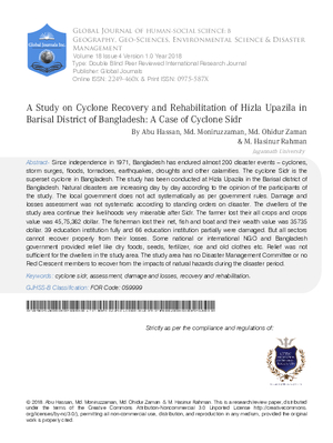 A Study on Cyclone Recovery and Rehabilitation of Hizla Upazila in Barisal District of Bangladesh: A Case of Cyclone Sidr