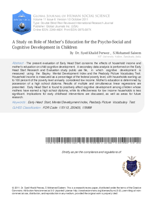 A Study on Role of Mothers Education for the Psycho-Social and Cognitive Development in Children