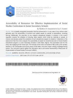 Accessibility of Resources for Effective Implementation of Social Studies Curriculum in  Junior Secondary Schools