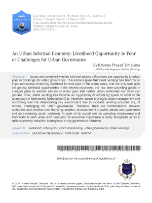 An Urban Informal Economy: Livelihood Opportunity to Poor or Challenges for Urban Governance
