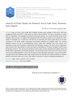 Analysis of Water Quality for Domestic use in Lafia Town, Nasarawa State, Nigeria