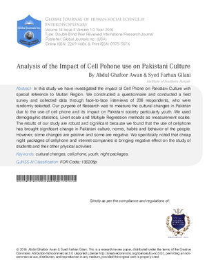 Analysis of the Impact of Cell Pohone use on Pakistani Culture