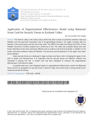 Application of Organizational Effectiveness Model Using Balanced Score Card for Security Forces in Kashmir Valley