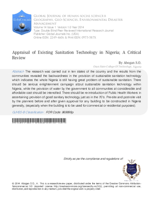 Appraisal of Existing Sanitation Technology in Nigeria; A Critical Review