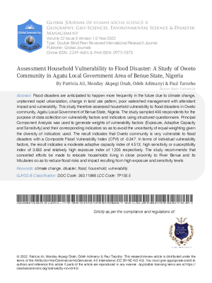 Assessment Household Vulnerability to Flood Disaster: A Study of Oweto Community in Agatu Local Government Area of Benue State, Nigeria