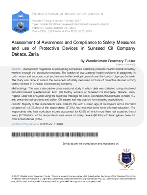 Assessment of Awareness and Compliance to Safety Measures and Use of Protective Devices in Sunseed Oil Company Dakace, Zaria