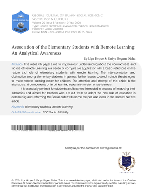 Association of the Elementary Students with Remote Learning: An Analytical Awareness