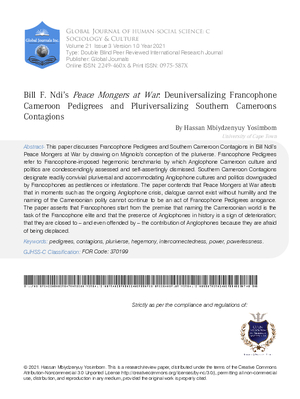 Bill F. Ndi’s Peace Mongers at War: Deuniversalizing Francophone Cameroon Pedigrees and Pluriversalizing Southern Cameroons Contagions