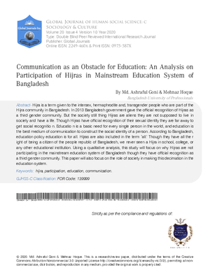 Communication as an Obstacle for Education: An Analysis on Participation of Hijras in Mainstream Education System of Bangladesh