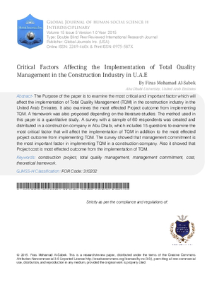 Critical Factors Affecting the Implementation of Total Quality Management in the Construction Industry in U.A.E