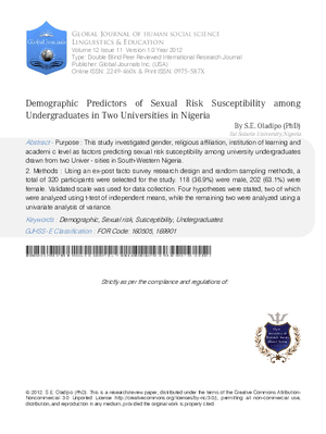 Demographic Predictors of Sexual Risk Susceptibility among Undergraduates in Two Universities in Nigeria