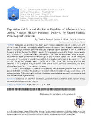 Depression and Paranoid Ideation as Correlates of Substance Abuse among Nigerian Military Personnel Deployed for United Nations Peace Support Operation