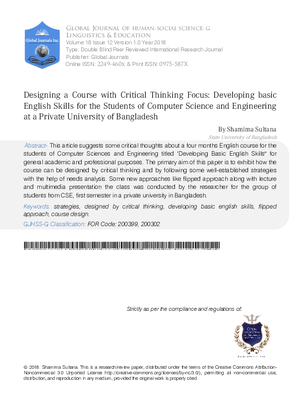Designing a Course with Critical Thinking Focus : Developing Basic English Skills for the Students of Computer Science and Engineering at a Private University of Bangladesh