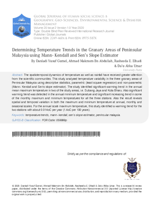 Determining Temperature trends in the Granary Areas of Peninsular Malaysia using Mann-Kendall and Sen’s Slope Estimator