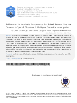 Differences in Academic Performance by School District Size for Students in Special Education: A Multiyear, Statewide Investigation