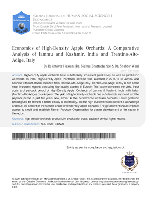 Economics of High-Density Apple Orchards: A Comparative Analysis of Jammu and Kashmir, India and Trentino-Alto-Adige, Italy